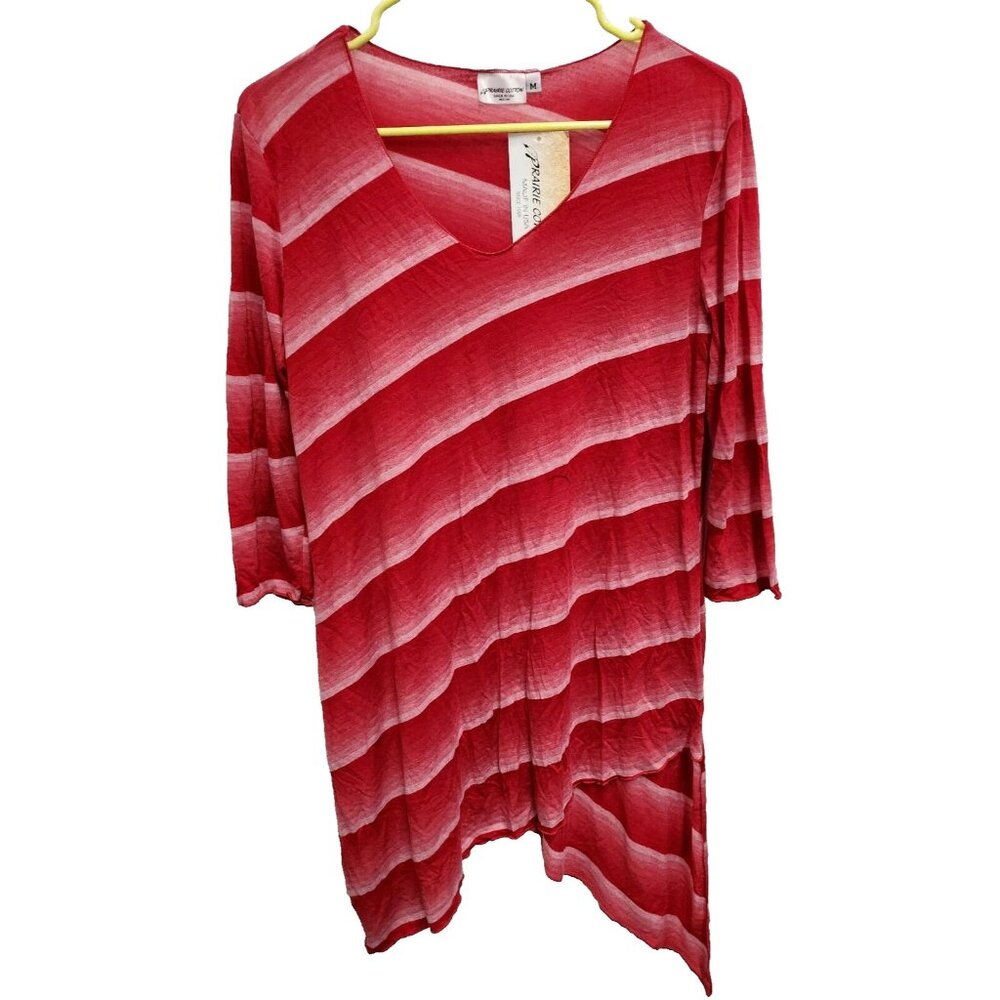 Prairie Cotton Womens Lagenlook Tunic Top Medium Red‎ Striped Asymmetric